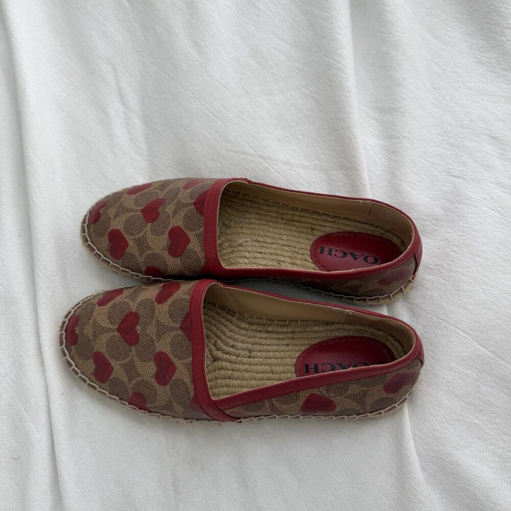 Coach Signature Logo Canvas Red Heart Brown Slip-On Espadrille Flats Women